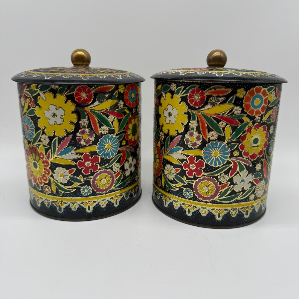Vintage Daher Long Island NY Tin Canisters Pair Floral Made In England 11101